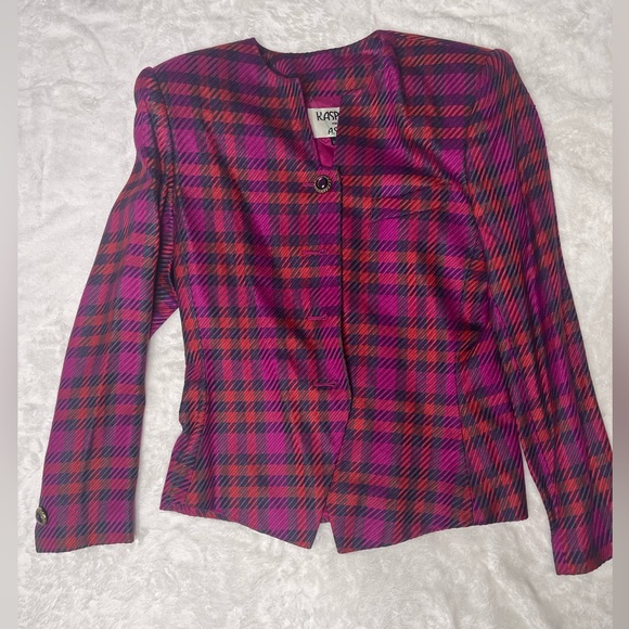 Kasper Skirt Suit Chanel Like Checkered Plaid Purple Red Vintage - Picture 5 of 8